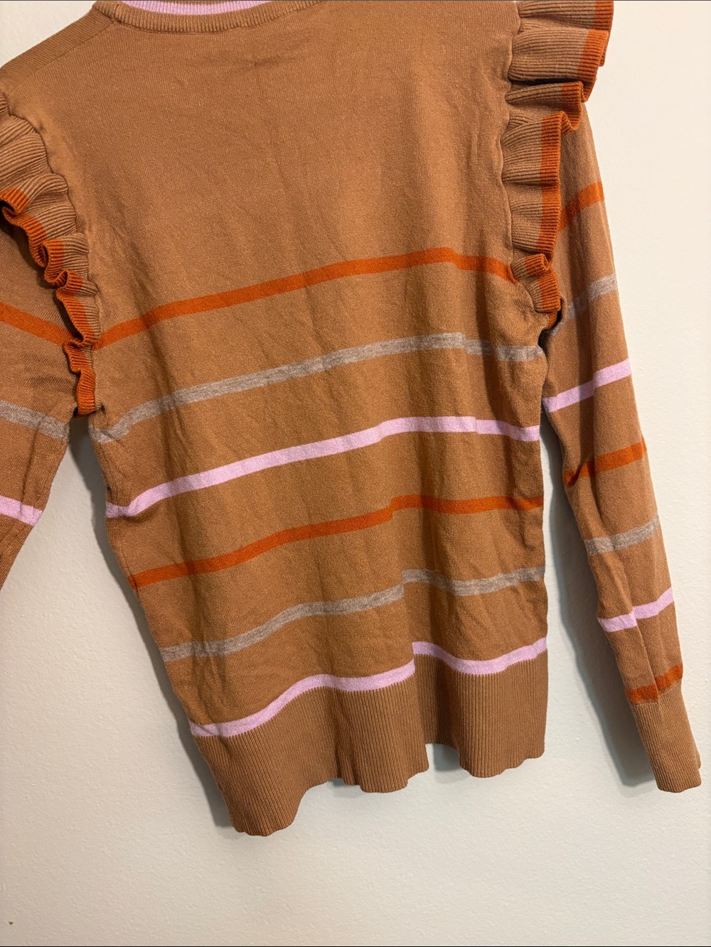THML Tan Striped Ruffle-Shoulder Sweater - Picture 9 of 9